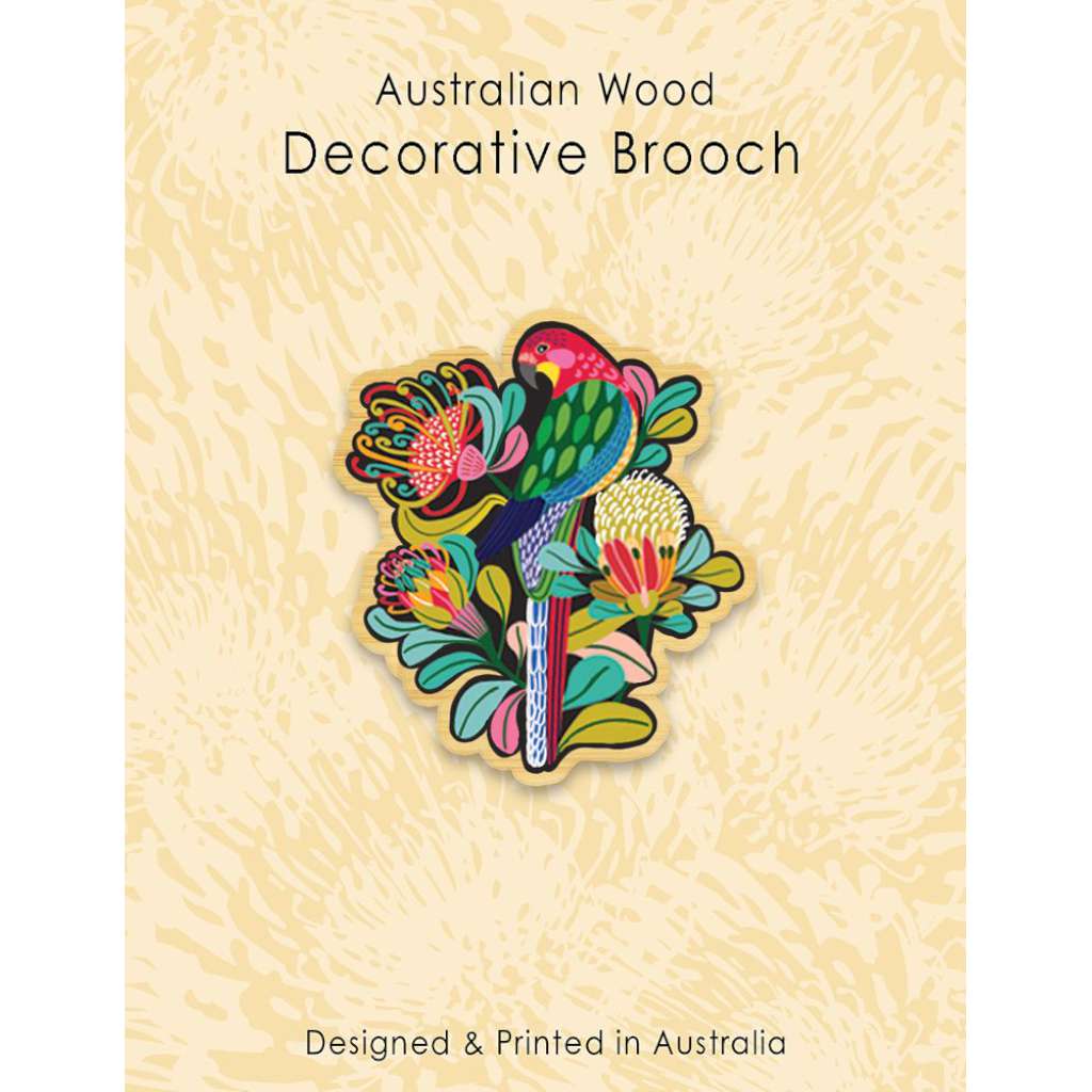 Wooden Decorative Brooch - Kirsten Katz | Rosella by Aero Images. Australian Art Prints and Homewares. Green Door Decor. www.greendoordecor.com.au