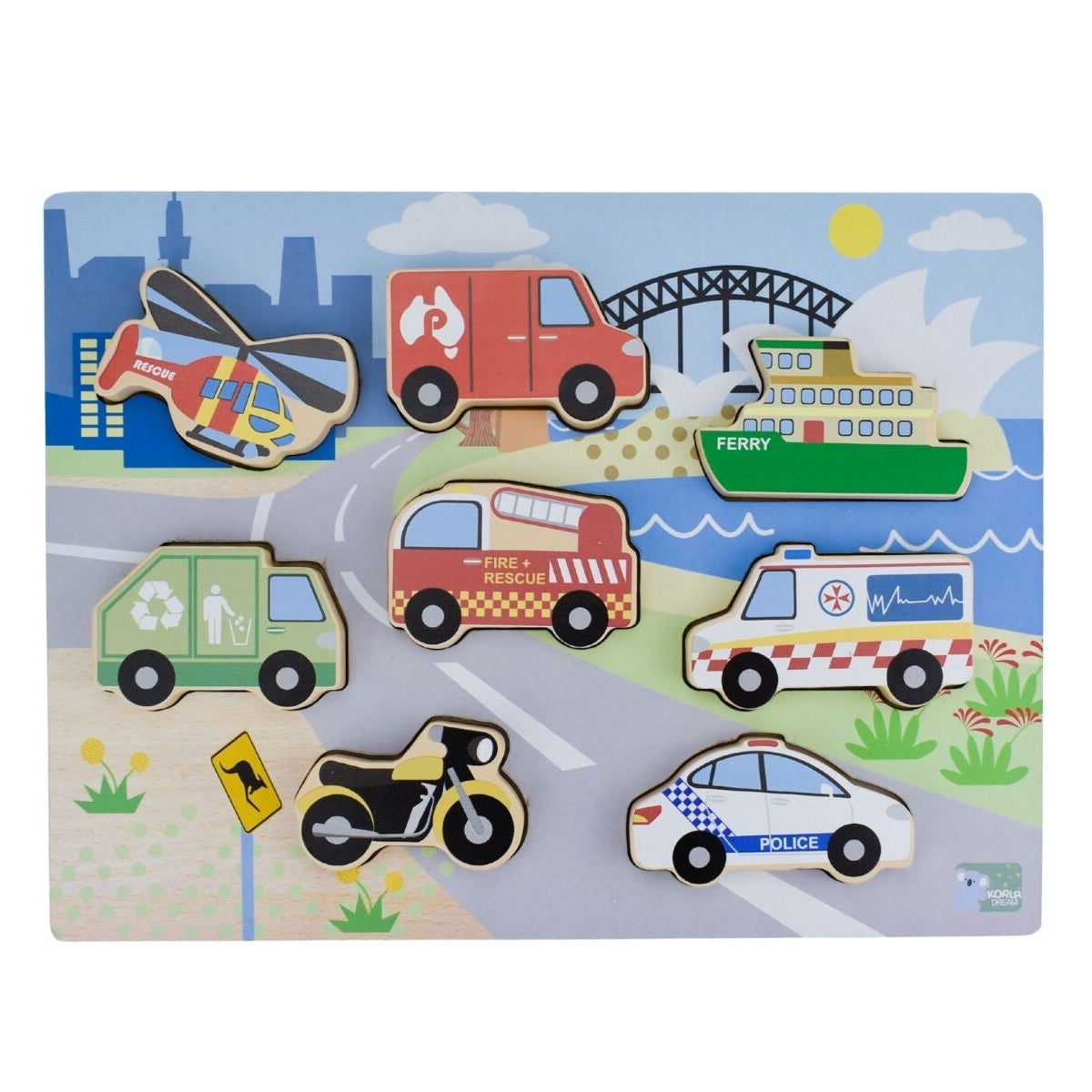 Wooden Chunky Aussie Transport Vehicle Puzzle by Eleganter Australia. Australian Art Prints, Fashion and Homewares. Green Door Decor. www.greendoordecor.com.au