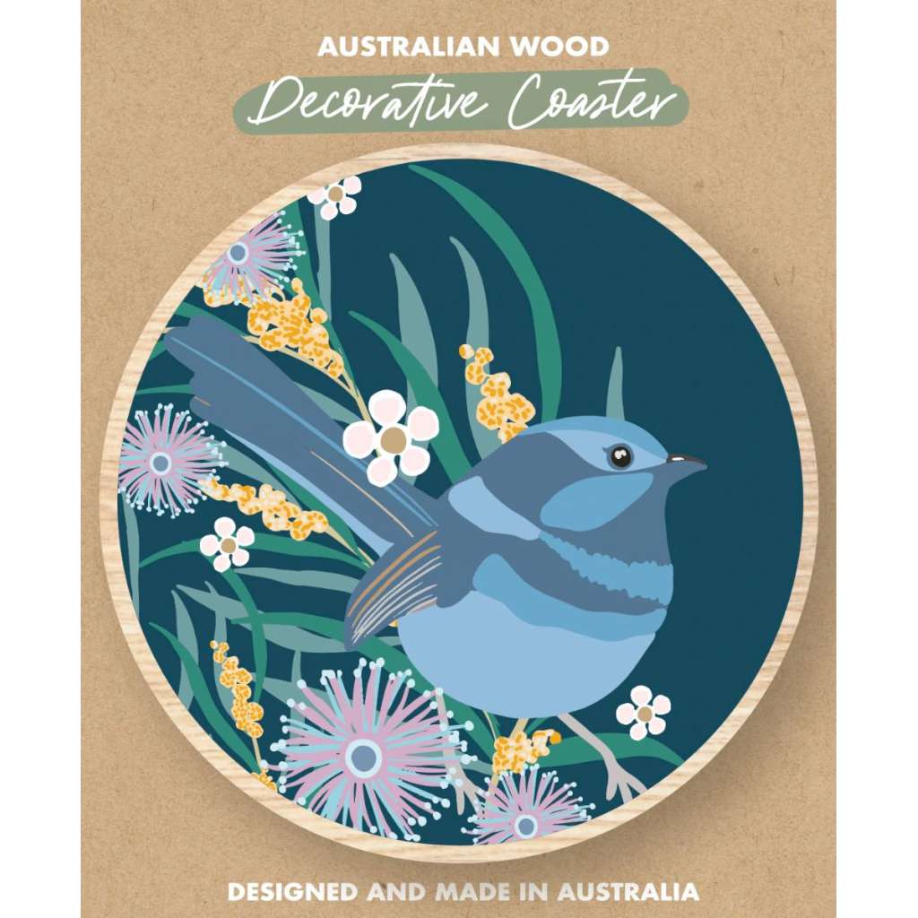 Wooden Coaster - Christie Williams | Blue Wren (navy blue background) by Aero Images. Australian Art Prints and Homewares. Green Door Decor. www.greendoordecor.com.au