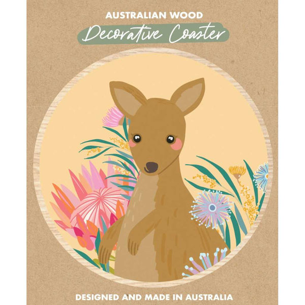 Wooden Coaster - Christie Williams | Kangaroo (pale yellow) by Aero Images. Australian Art Prints and Homewares. Green Door Decor. www.greendoordecor.com.au