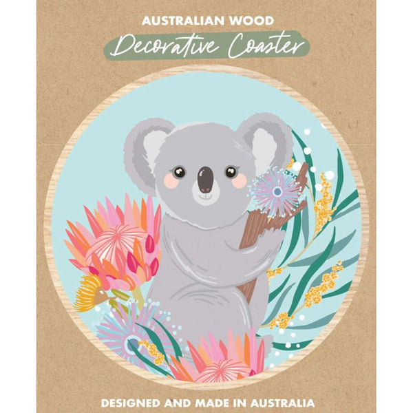 Wooden Coaster - Christie Williams | Koala (light blue) by Aero Images. Australian Art Prints and Homewares. Green Door Decor. www.greendoordecor.com.au