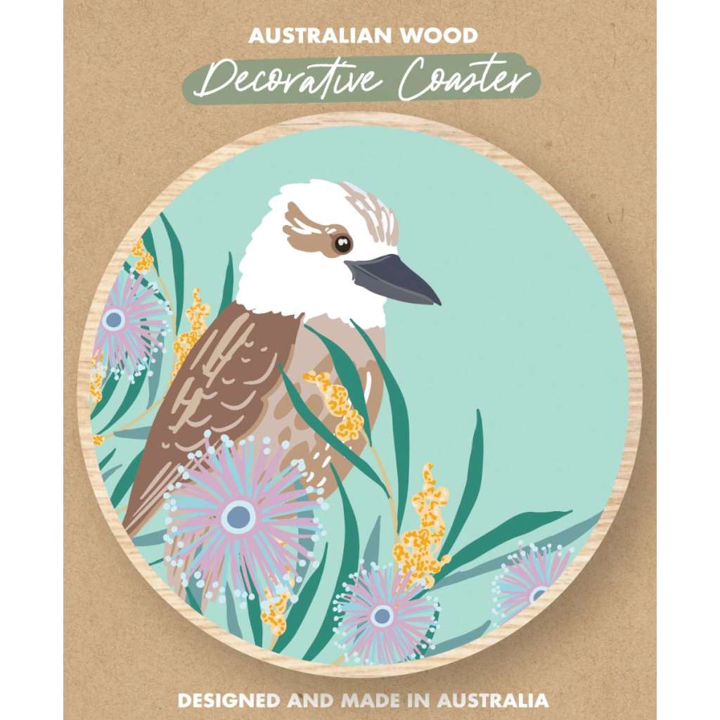 Wooden Coaster - Christie Williams | Kookaburra (mint) by Aero Images. Australian Art Prints and Homewares. Green Door Decor. www.greendoordecor.com.au