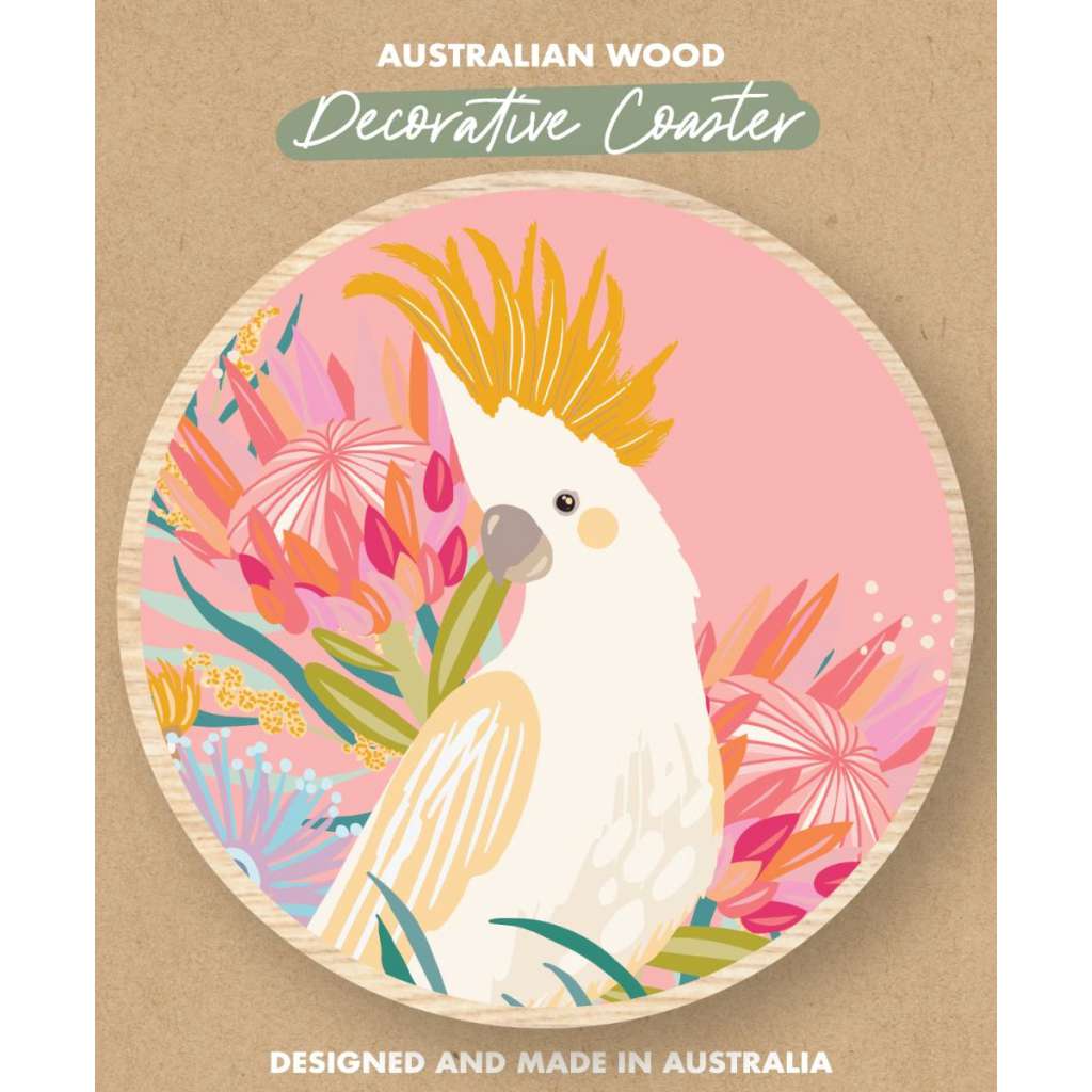 Wooden Coaster - Christie Williams | White Cockatoo (pink) by Aero Images. Australian Art Prints and Homewares. Green Door Decor. www.greendoordecor.com.au