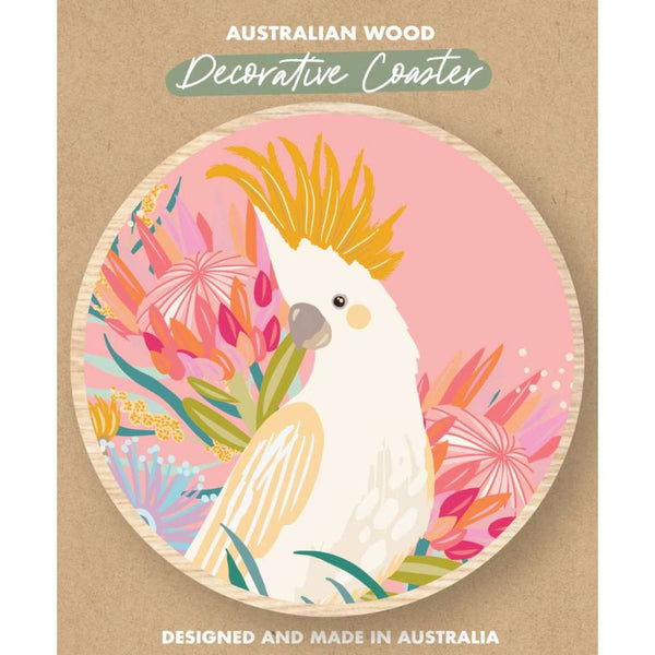 Wooden Coaster - Christie Williams | White Cockatoo (pink) by Aero Images. Australian Art Prints and Homewares. Green Door Decor. www.greendoordecor.com.au