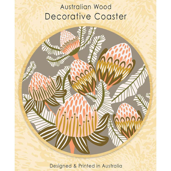 Wooden Coaster - Kirsten Katz | Bush Toned Banksias by Aero Images. Australian Art Prints and Homewares. Green Door Decor. www.greendoordecor.com.au