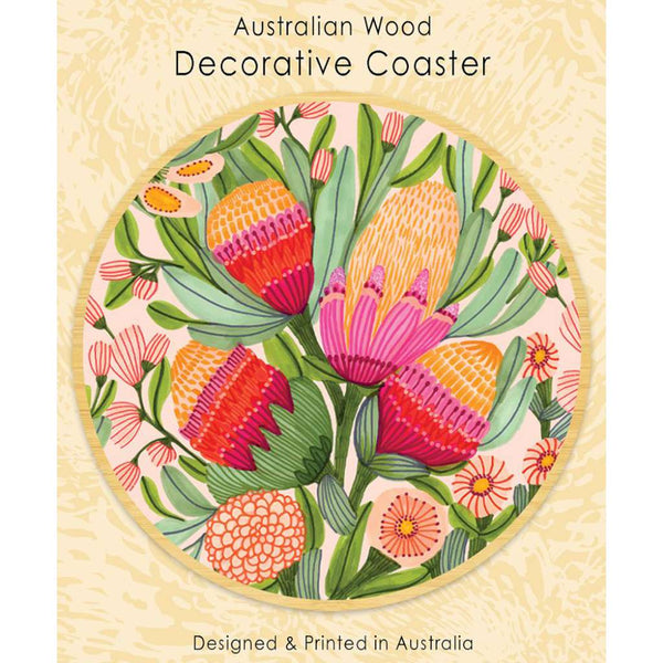 Wooden Coaster - Kirsten Katz | Protea & Gum Blossom by Aero Images. Australian Art Prints and Homewares. Green Door Decor. www.greendoordecor.com.au