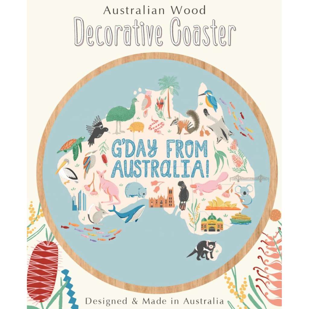 Wooden Coaster - Wirihana Design | G'Day Australia by Aero Images. Australian Art Prints, Fashion and Homewares. Green Door Decor. www.greendoordecor.com.au