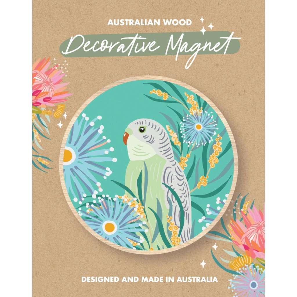 Wooden Magnet - Christie Williams | Budgerigar Turquoise by Aero Images. Australian Art Prints, Fashion and Homewares. Green Door Decor. www.greendoordecor.com.au