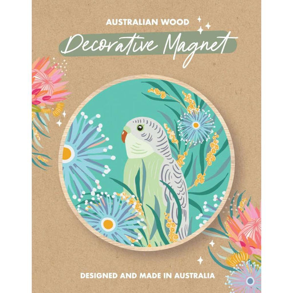 Wooden Magnet - Christie Williams | Budgerigar Turquoise by Aero Images. Australian Art Prints, Fashion and Homewares. Green Door Decor. www.greendoordecor.com.au