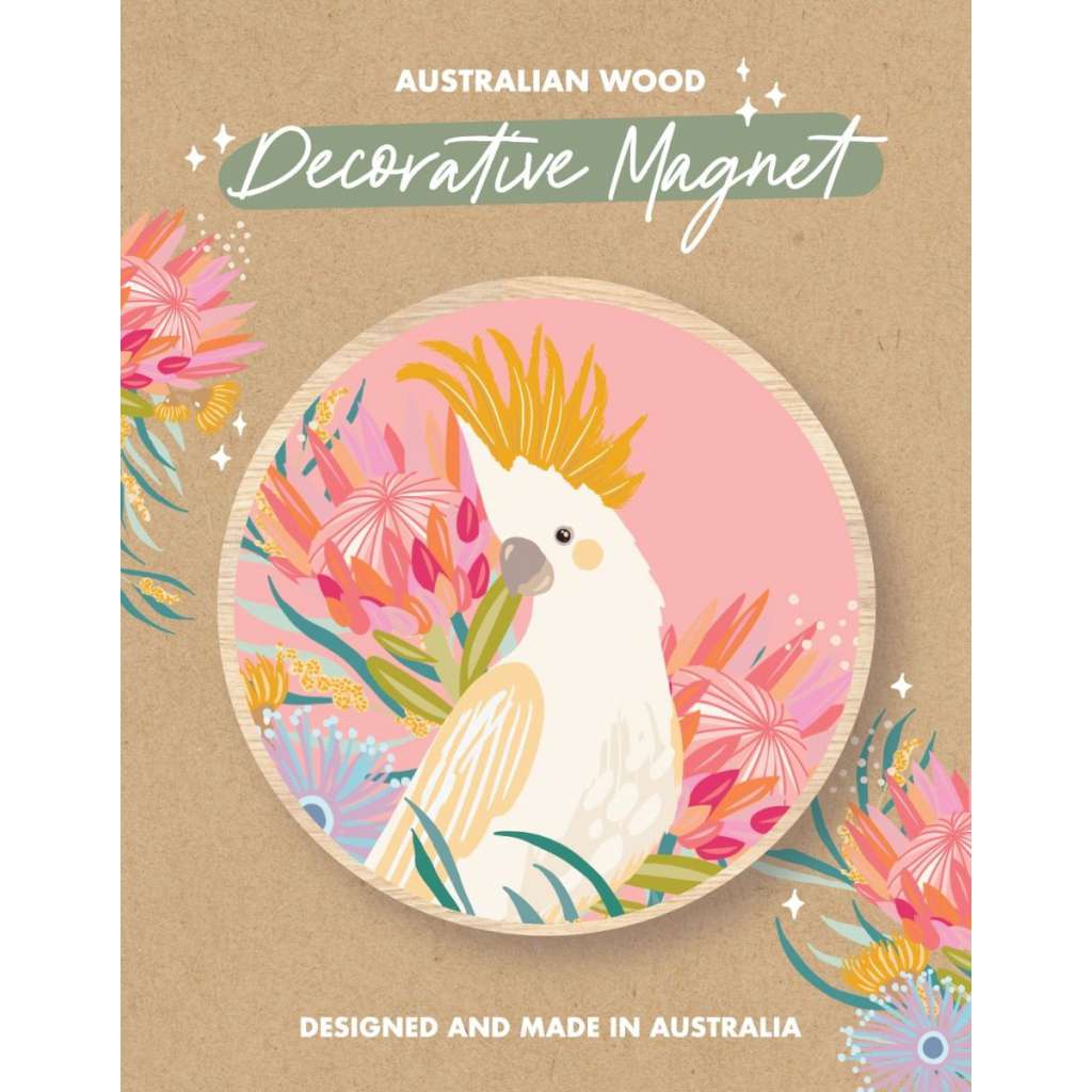 Wooden Magnet - Christie Williams | Cockatoo Pink by Aero Images. Australian Art Prints, Fashion and Homewares. Green Door Decor. www.greendoordecor.com.au
