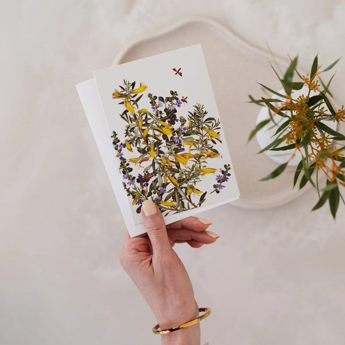 Woodlands Greeting Card | Emu Bush & Fan Flower by Bell Art. Australian Art Prints, Gifts, Fashion and Homewares. Green Door Decor. www.greendoordecor.com.au