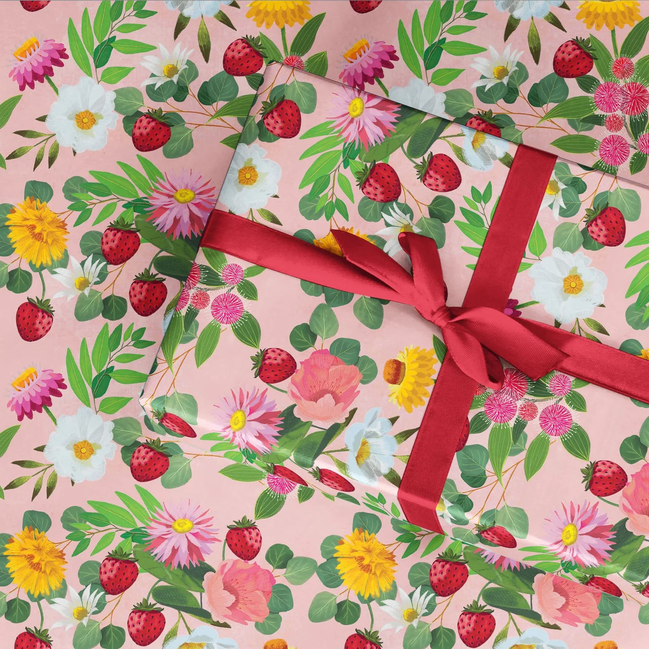 Gift Wrapping Paper | Bush Blooms Strawberries by La La Land. Australian Art Prints and Homewares. Green Door Decor. www.greendoordecor.com.au