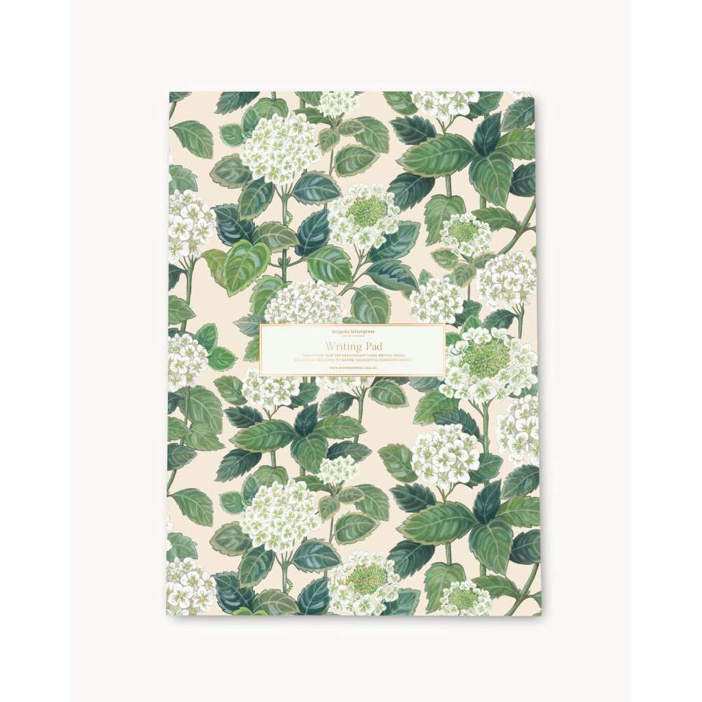 A4 Writing Pad | Hydrangea by Bespoke Letterpress. Australian Art Prints, Gifts, Fashion and Homewares. Green Door Decor. www.greendoordecor.com.au