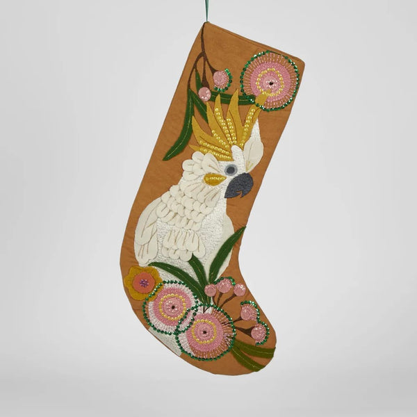 Butterum Cockatoo | Embroidered Christmas Stocking by Florabelle. Australian Art Prints and Homewares. Green Door Decor. www.greendoordecor.com.au