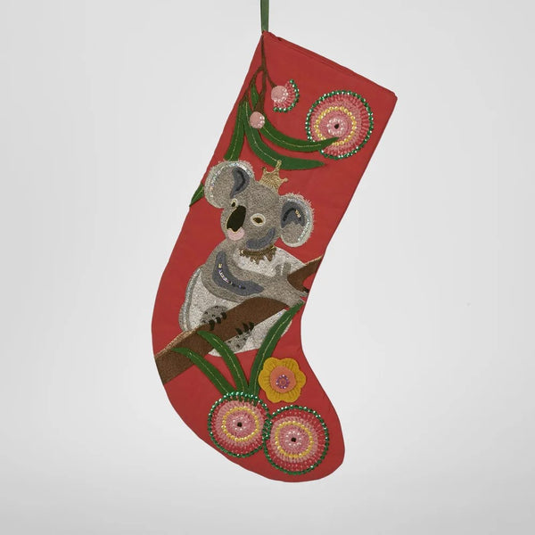 Koala | Embroidered Christmas Stocking - Red by Florabelle. Australian Art Prints and Homewares. Green Door Decor. www.greendoordecor.com.au