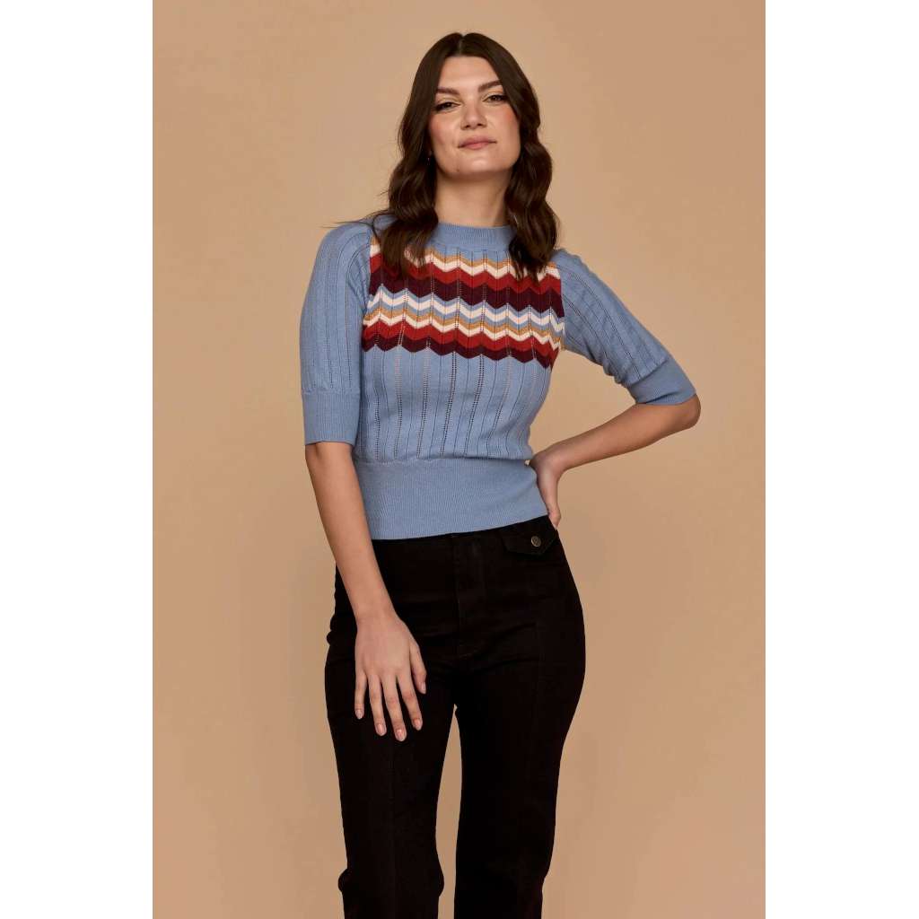 Zig Zag Elbow Sleeve Knit | Dusty Blue by Frock Me Out. Australian Art Prints and Homewares. Green Door Decor. www.greendoordecor.com.au