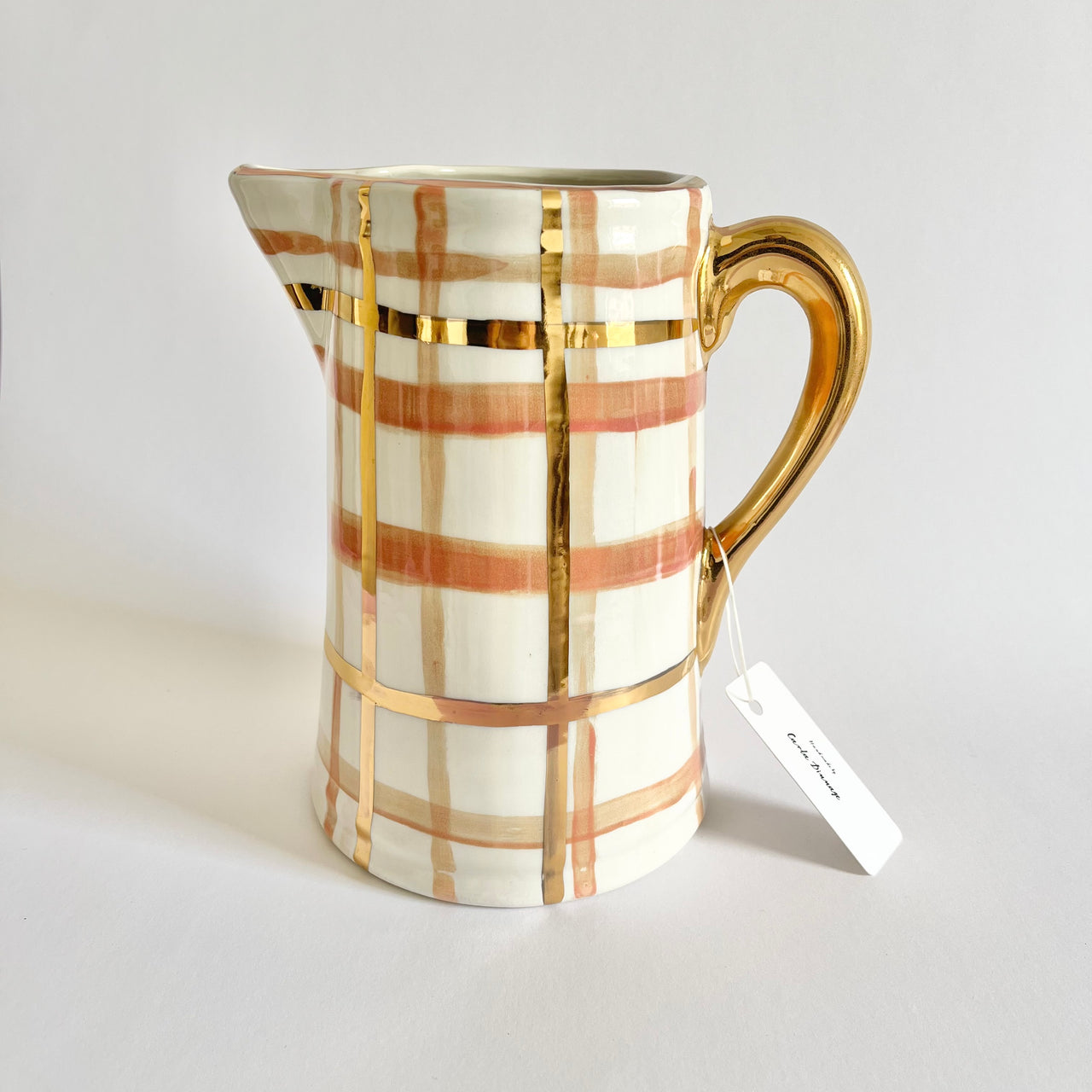 Carla Dinnage handmade jug | Terracotta & Gold stripe. Australian Art Prints and Homewares. Green Door Decor. www.greendoordecor.com.au