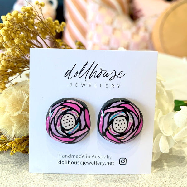 Medium Stud Earrings | Pink Flower Power by Dollhouse Jewellery. Australian Art Prints and Homewares. Green Door Decor. www.greendoordecor.com.au.