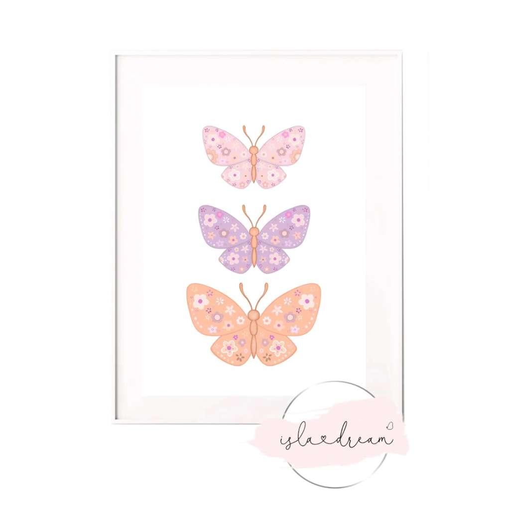 Floral Butterfly Trio - Pink print on white background by Isla Dream. Australian Art Prints and Homewares. Green Door Decor. www.greendoordecor.com.au