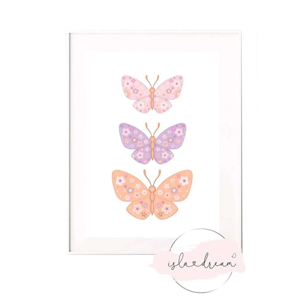 Floral Butterfly Trio - Pink print on white background by Isla Dream. Australian Art Prints and Homewares. Green Door Decor. www.greendoordecor.com.au