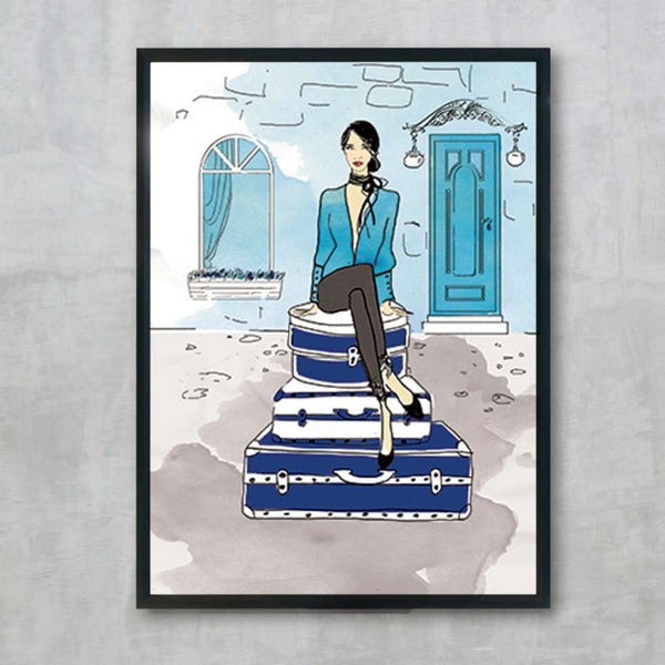 Bon Voyage - Blue, by Susan Kerian Fashion Illustrator,  Australian Art Prints. Green Door Decor.  www.greendoordecor.com.au