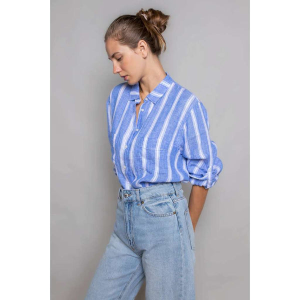 Boyfriend Linen Shirt | Blue Ticking Stripe by Hut Clothing. Australian Art Prints and Homewares. Green Door Decor. www.greendoordecor.com.au