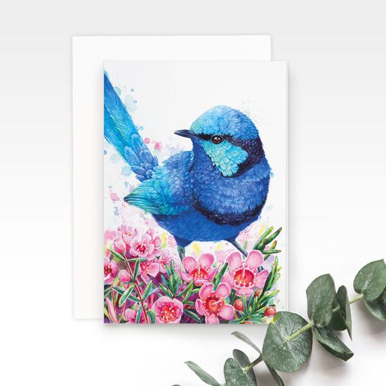 Blue Wren greeting card, by Earthdrawn Studio. Australian Art Prints. Green Door Decor. www.greendoordecor.com.au