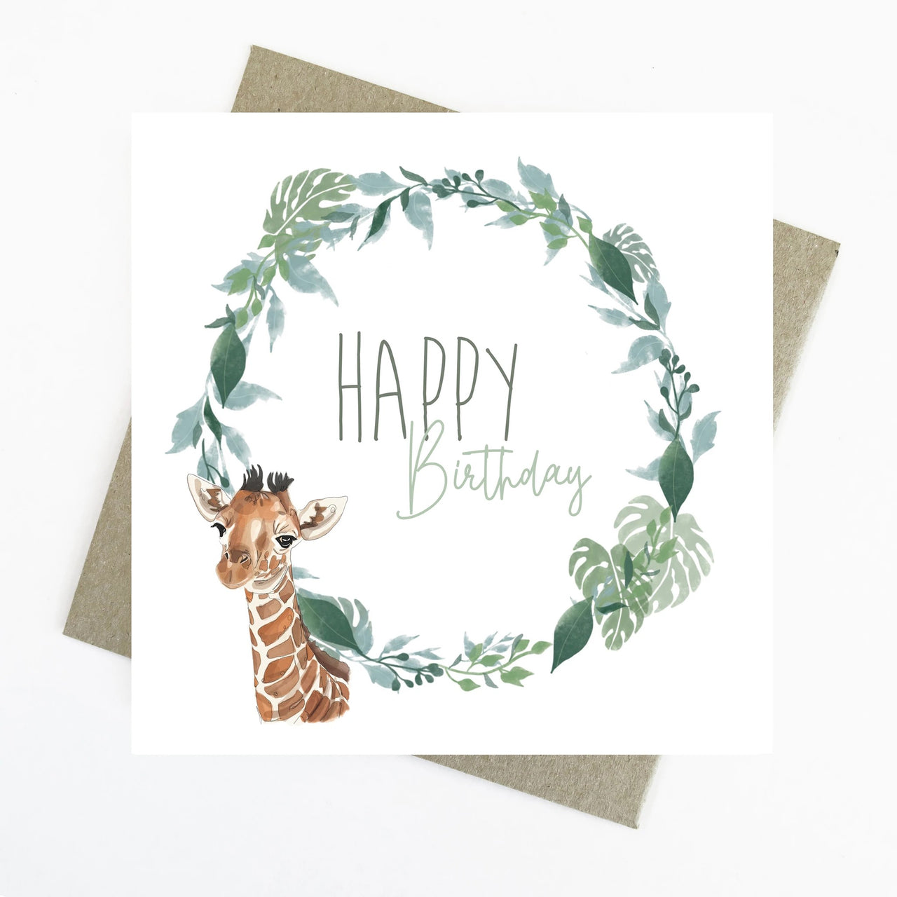 Happy Birthday Baby Giraffe Safari Animals Greeting Card by Cassie Zaccardo. Australian Art Prints and Homewares. Green Door Decor. www.greendoordecor.com.au