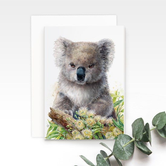 Koala greeting card by Earthdrawn Studio. Australian Art Prints and Homewares. Green Door Decor. www.greendoordecor.com.au