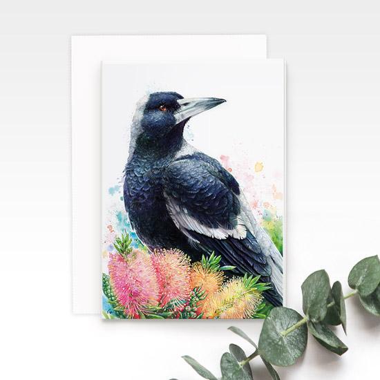 Magpie greeting card, by Earthdrawn Studio. Australian Art Prints. Green Door Decor. www.greendoordecor.com.au