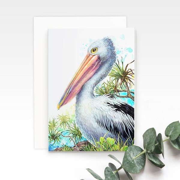Pelican greeting card, by Earthdrawn Studio, Australian Art Prints and Homewares. Green Door Decor. www.greendoordecor.com.au