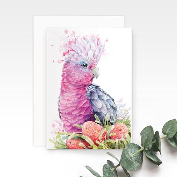 Pink Galah greeting card, by Earthdrawn Studio. Australian Art Prints. Green Door Decor. www.greendoordecor.com.au
