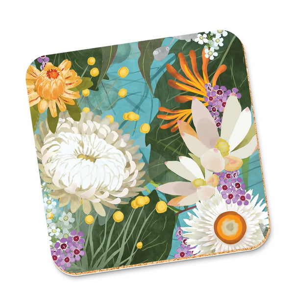 Corky Coaster | White Bush Blooms by La La Land. Australian Art Prints and Homewares. Green Door Decor. www.greendoordecor.com.au