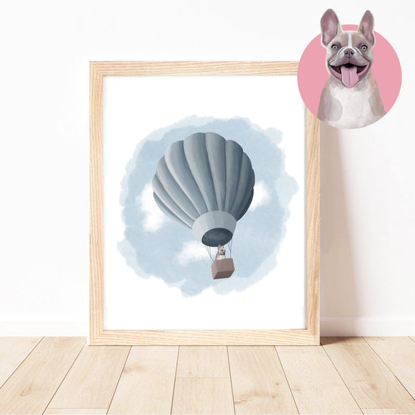 French Bulldog Dogs on Adventures Art Hot Air Balloon Blue Print by Cassie Zaccardo Art. Australian Art Prints and Homewares. Green Door Decor. www.greendoordecor.com.au