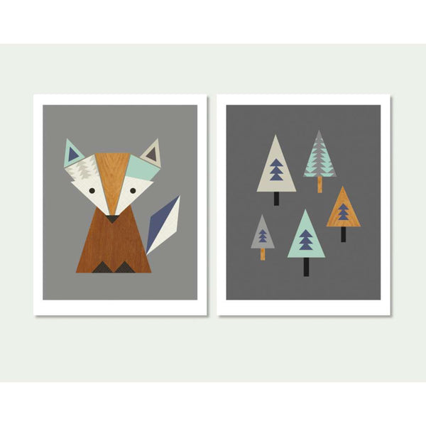 Little Fox & Trees Set - Aqua on Grey