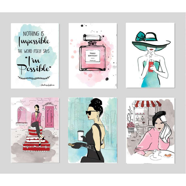 Set of 6 fashion illustration greeting cards. Australian Art Prints and Homewares. Green Door Decor. www.greendoordecor.com.au
