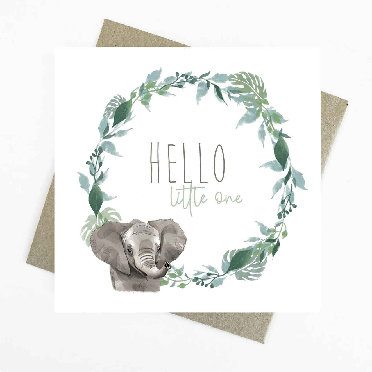 Hello Little One Baby Elephant Safari Animals Greeting Card by Cassie Zaccardo. Australian Art Prints and Homewares. Green Door Decor. www.greendoordecor.com.au
