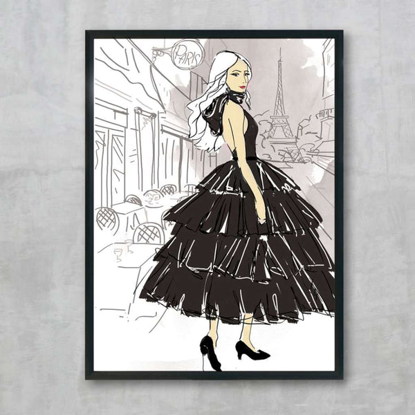 Jennifer in Paris - Black, by Susan Kerian Fashion Illustrator. Australian Art Prints. Green Door Decor.  www.greendoordecor.com.au