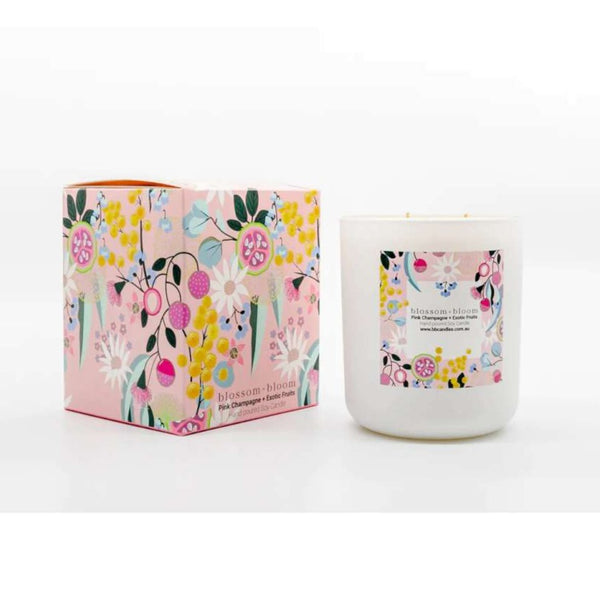 Large Candle | Pink Champagne + Exotic Fruits by Blossom + Bloom. Australian Art Prints and Homewares. Green Door Decor. www.greendoordecor.com.au