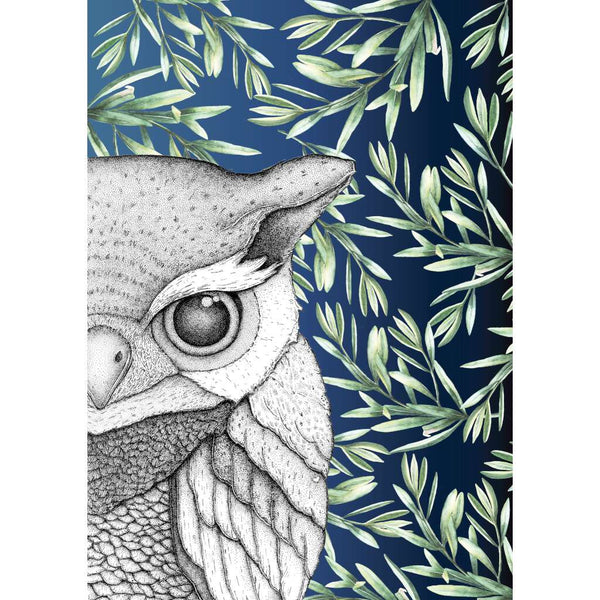 Oliver the Owl with Leaves - Midnight, by Dots by Donna. Australian Art Prints. Green Door Decor. www.greendoordecor.com.au