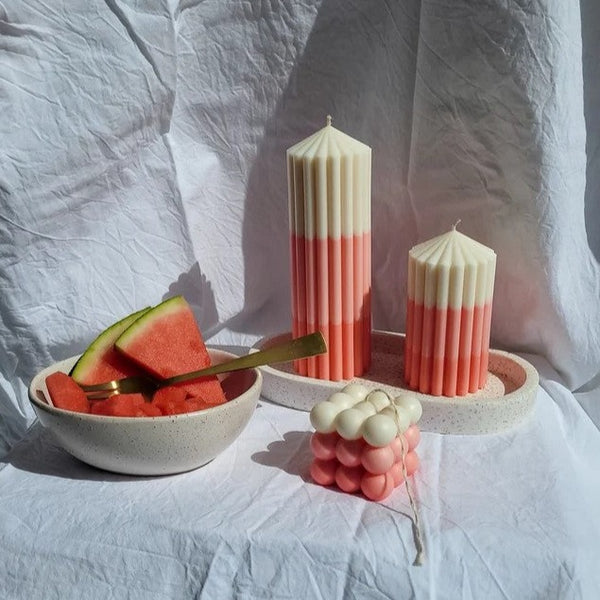 Ombre Chunky Ribbed Pillar Candle | Watermelon Gelato | Various Sizes by Pound and Penny. Australian Art Prints and Homewares. Green Door Decor. www.greendoordecor.com.au