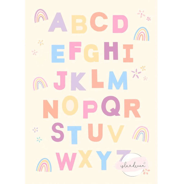 Pastel Rainbow Alphabet print by Isla Dream. Australian Art Prints and Homewares. Green Door Decor. www.greendoordecor.com.au
