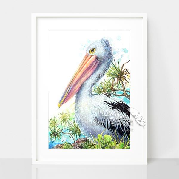 Framed - Pelican and Pandanus Print by Earthdrawn Studio. Australian Art Prints and Homewares. Green Door Decor. www.greendoordecor.com.au