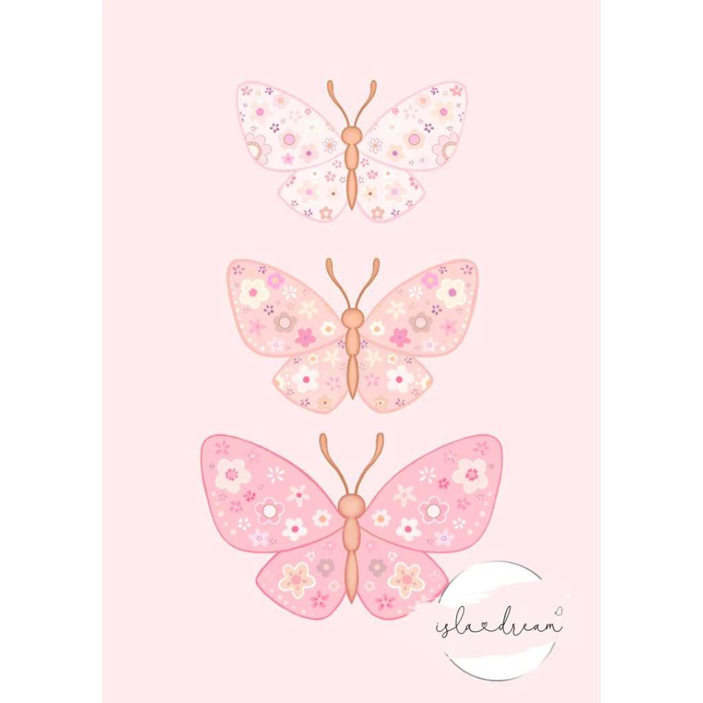 'Floral Butterfly Trio - Pink on pink background' Print print by Isla Dream. Australian Art Prints and Homewares. Green Door Decor. www.greendoordecor.com.au