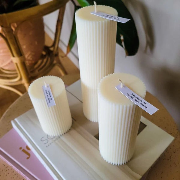 Ribbed Pillar Candle | Various Sizes by Pound and Penny. Australian Art Prints and Homewares. Green Door Decor. www.greendoordecor.com.au