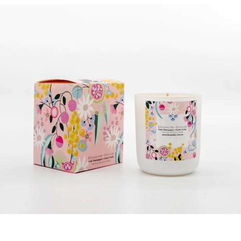 Small Candle | Pink Champagne + Exotic Fruits by Blossom + Bloom. Australian Art Prints and Homewares. Green Door Decor. www.greendoordecor.com.au