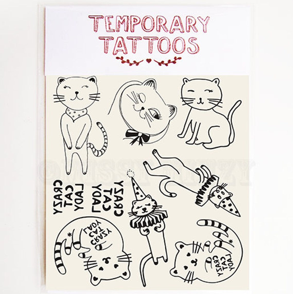 Crazy Cats Temporary Tattoos by Missy Minzy. Australian Art Prints and Homewares. Green Door Decor. www.greendoordecor.com.au