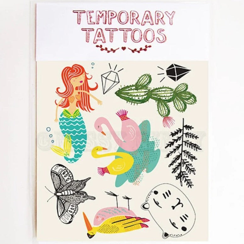 S.A.V.I 10pcs. Temporary Tattoo Stickers Of Crown, Birds, Stars, Mermaid,  Peacock Feather, Rose Flower, Text, Butterfly