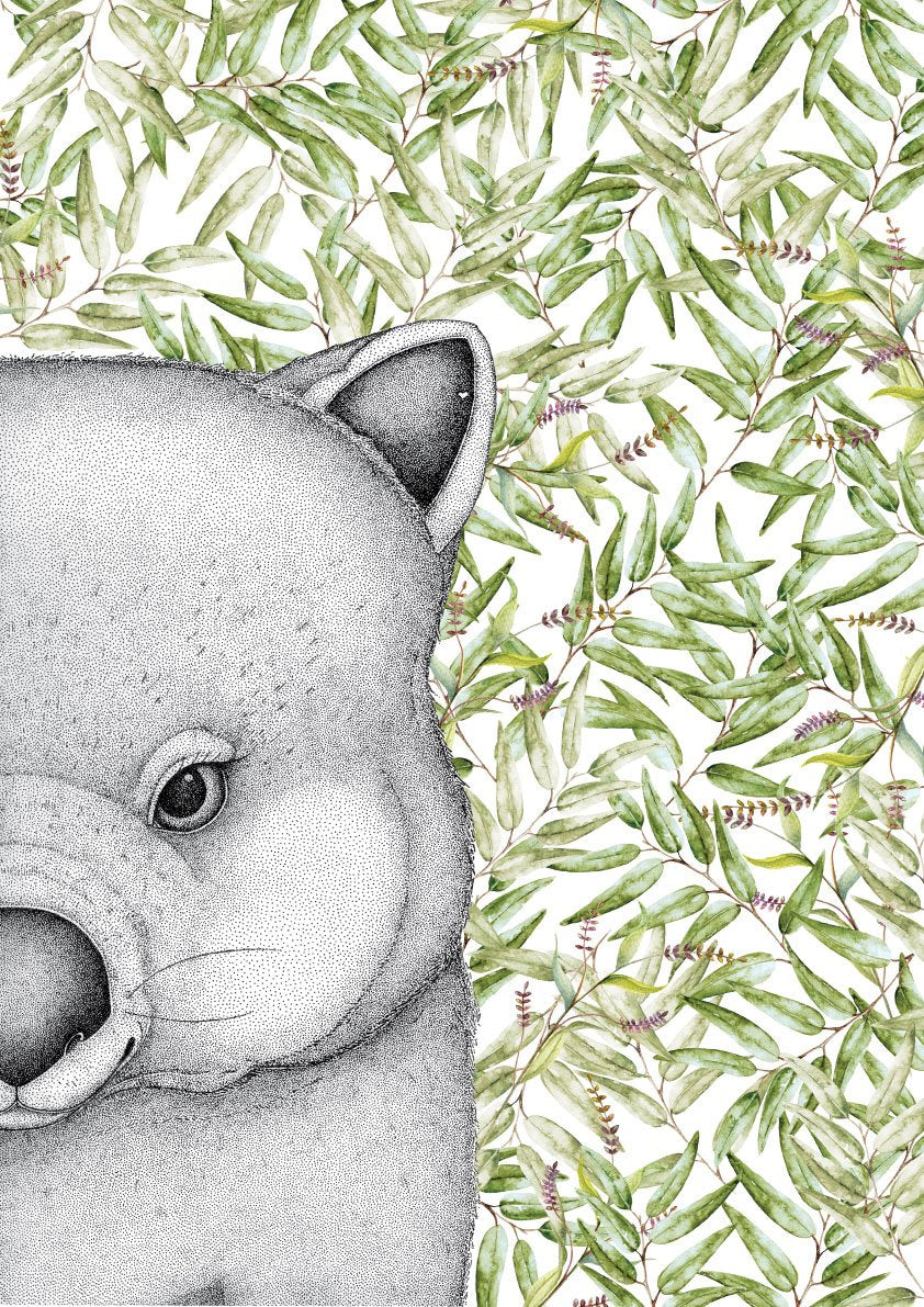 Walter the Wombat with Gum Leaves, by Dots by Donna. Australian Art Prints. Green Door Decor. www.greendoordecor.com.au
