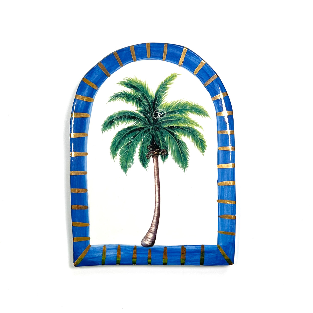 Ceramic Arch Tile - White with Blue/Gold Border & Green Palm Tree by Carla Dinnage. Australian Art Prints and Homewares. Green Door Decor. www.greendoordecor.com.au.